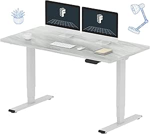 FLEXISPOT E6 Essential 3 Stages Dual Motor Electric Standing Desk 55x28 Inch Whole-Piece Board Height Adjustable Desk Electric Sit Stand Desk（White Frame   Grey Wood Grain Desktop, 2 Packages）