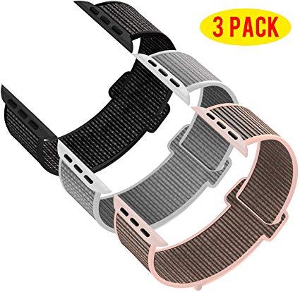 INTENY Pack 3 Compatible with Apple Watch Band 38mm 40mm 42mm 44mm, Sport Band Soft Breathable Nylon Replacement for iWatch Series 5/4/3/2/1