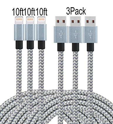 Frieso 3pcs 10ft Nylon Braided Lightning to USB Charging Cable for iPhone 7, 7 plus, 6s 6 Plus 5s 5c 5,iPhone SE, iPad Pro, Air 2, iPad mini 4 3 2, iPod touch 5th gen / 6th gen / nano 7th gen (Gray)