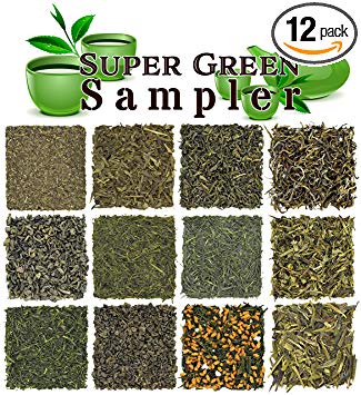 Loose Leaf Green Tea Sampler - Gunpowder Green Tea, Dragonwell, Genmaicha, Sencha, Young Hyson & More. 12 Exotic Teas from Japan & China, Approx. 180  Cups