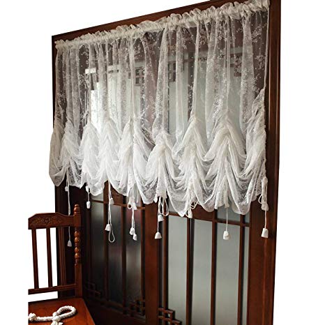 FADFAY Elegant White Lace Embroidered Sheer Ballon Curtains, Adjustable Tie-Up Curtain, 1 Panel Floral Tulle Curtains for Windows-78''78''