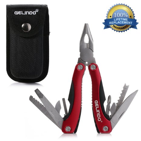 Gelindo Premium Pocket Multitool With Sheath, Knife, Pliers, Saw & More (Red)