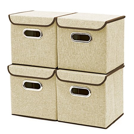 Storage Boxes [4-Pack] EZOWare Linen Fabric Foldable Basket Cubes Organizer Bin Box Containers Drawers with Lid - Beige For Office Nursery Bedroom Shelf