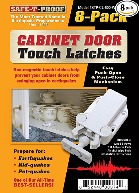 Safe-T-Proof STP-CL-600-WH-2208 Cabinet Door Touch Latches (Pack of 8), White