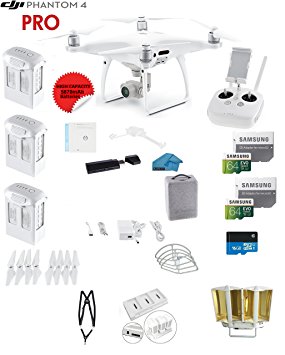 DJI Phantom 4 PRO Quadcopter Drone with 1-inch 20MP 4K Camera KIT   3 Total DJI Batteries   2 64GB Micro SDXC Cards   Reader   Snap on Prop Guards   Range Extender   Charging Hub   Remote Harness