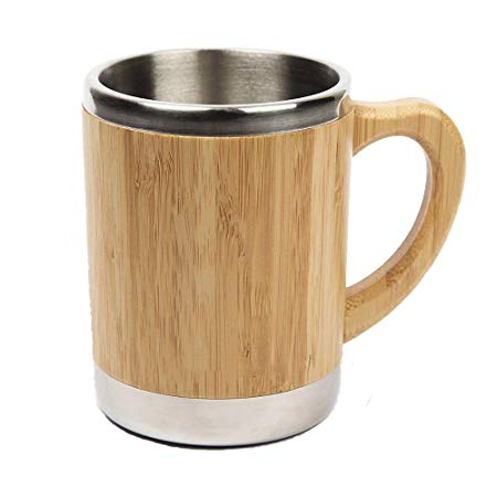 Stainless Steel Bamboo Mug with Lid and Handle - Natural Wood Wooden Light Coffee Tea Mug - 11 oz Non-breakable Design - 100% Eco And Environmentally Safe - Unique Gift for Men & Women