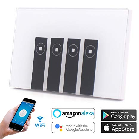Atoparts Smart WiFi Light Switch Compatible with Alexa Echo Google Home, Touch Wall Switch Panel ,Timing Function, Remote Control Your Devices with Smart Phone from Anywhere (4 Gang)