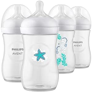 Philips Avent Natural Baby Bottle with Natural Response Nipple, with Sea Design, 9oz, 4pk, SCY903/68