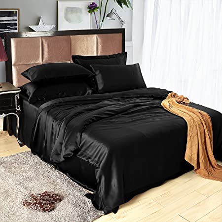 LilySilk 4Pcs Black Silk Sheet Set Twin Flat Sheet Fitted Sheet Oxford Pillowcases Set 19 Momme 100 Pure Silk