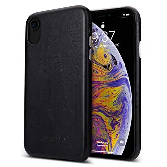 iPhone XR Case, Jisoncase Genuine Leather iPhone XR Protective Case Ultra Thin Hard Back Cover for Apple iPhone XR 6.1 Inch, Support Wireless Charging -Black