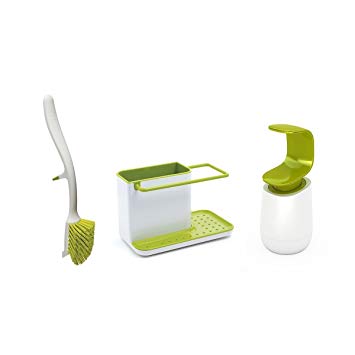 Joseph Joseph Kitchen Sink Set with Caddy, Edge Dish Brush and C-Pump, White/Green (10448)