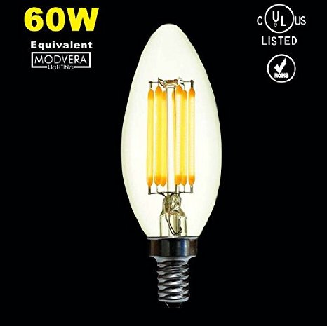 Modvera LED Candelabra Bulb Blunt Tip 5 Watt 60W Equivalent Warm White 2700K E12 Base Filament Style Glass Bulb