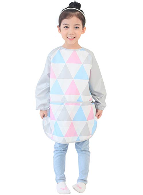 Plie Kids Art Smocks, Children Waterproof Artist Painting Aprons Long Sleeve with Pockets, Pink Triangle (20-L)