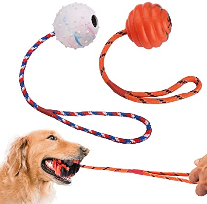 PrimePets 2 Pcs Dog Training Ball on Rope, Solid Rubber Rope Ball for Dog Training, Tug Ball Toy for Medium and Large Dog, Tough Rope Toy,Non-Toxic and Durable Dog Toys