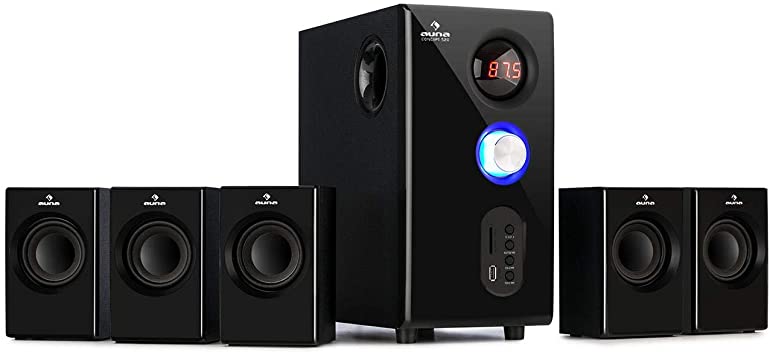 Auna Areal 520 5.1 Speaker System - Power: 75 Watts RMS, OneSide Subwoofer, Balanced Sound Concept, Bluetooth Function, USB Port, SD Slot, Includes Remote Control, OnyxBlack