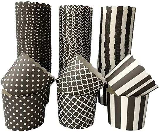 Paper Baking Cups 90-Pack Large 6 Oz Greaseproof Baking Cups Cupcake Muffin Cases Disposable Cupcake Wrappers For Birthday Baby Shower And Party Decorations-Black Vertical Polka Dot And Quadrafoil