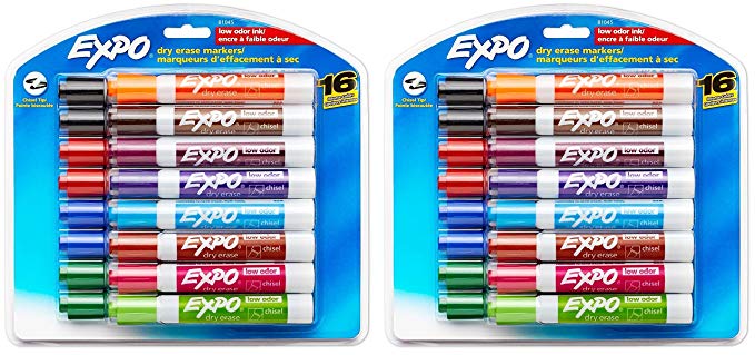 Expo 81045 Low-Odor Dry Erase Markers, Chisel Tip, Assorted Colors, 2 Blister Packs with 16 Markers, Total of 32 Markers