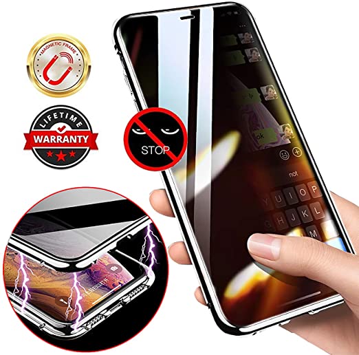 WiaNing Anti Peeping Magnetic Case for iPhone X/XS, Privacy Case with Clear Double Sided Tempered Glass [Magnet Absorption Metal Bumper Frame] 360°Protection for iPhone X/XS-Silver