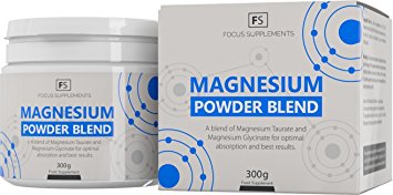 Magnesium Powder Blend - 50:50 Ratio of Magnesium Glycinate & Magnesium Taurate | HIGHLY BIOAVAILABLE | Pure Supplement Complex | Focus Supplements - Blended and Packed in the UK In ISO Licensed Facilities - 100% Money Back Guarantee (300g)