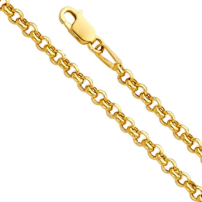 14k Yellow OR White Gold Hollow 2.5mm Fancy Rolo Chain Necklace with Lobster Claw Clasp