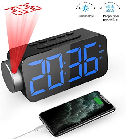 Quntis Projection Alarm Clock 6.5” Dimmable LED Display Digital Alarm Clock with USB Phone Charger,180°Rotable Projection Clock for Bedrooms Ceiling Wall 10 FM Radio Alarm Clock 12/24H Snooze