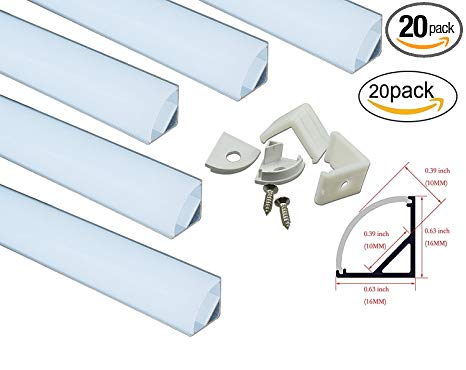 Muzata Aluminum Channel For Led Strip Light With Milky White Curved Diffuser Cover, End Caps, and Mounting Clips. Right Angle Aluminum Profile, V-Shape, 20-Pack 3.3ft/1M