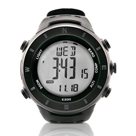 EZON H011F11 Multi-functional Hiking Watch Outdoor Waterproof Climbing Watch with Compass Barometer Altimeter Thermometer Temperature Wristwatch Men's Sports Watch (Black)