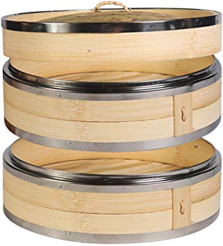 Hcooker 2 Tier Kitchen Bamboo Steamer with Double Stainless Steel Banding for Asian Cooking Buns Dumplings Vegetables Fish Rice