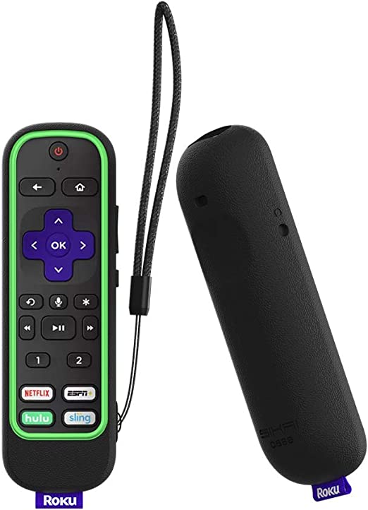 SIKAI Protective Case for ROKU Voice Remote Pro, for Roku Ultra 2020/2019 Remote, Shockproof Silicone Cover for Roku Ultra 4800R 4670R RCS01R Voice Remote Pro Anti-Lost with Loop (Black-Glow Green)