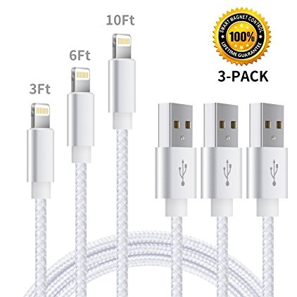 Ansuda iPhone Charger Cords, 3Pack (3ft,6ft,10ft) Nylon Braided Lightning Cable to USB Charging for iPhone 8 / 7 Plus / 6s / 6s Plus / 6 / 6 Plus / 5 / 5s / 5c, iPad mini /Air /Pro iPod touch (Silver)