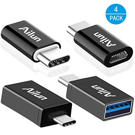 Type C Adapter,Micro USB to Type-C Adapter,Type-C to USB-A 3.0 Adapter[4Pack],by Ailun,Data Sync and Charge,for Galaxy S9/S9 ,MacBook,ChromeBook Pixel,Nexus 5X,Nexus 6P,Nokia N1 & More Type-C Devices[Black]