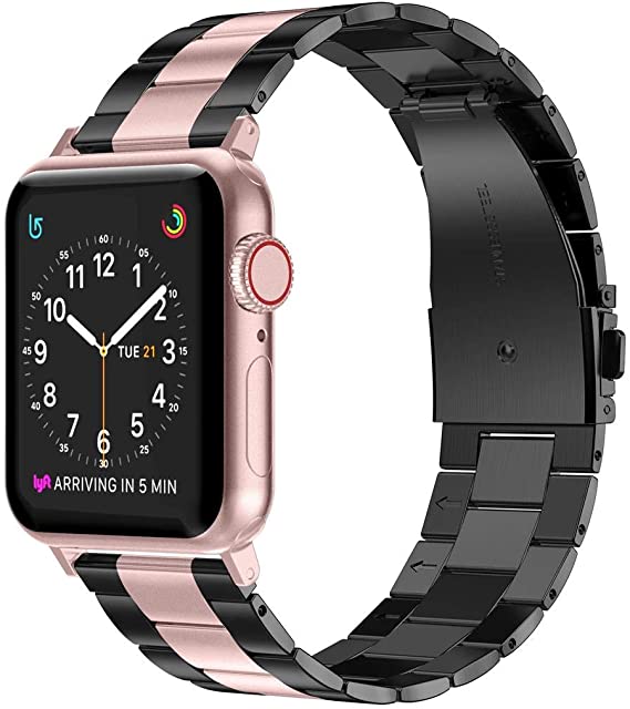 Wearlizer Stainless Steel Compatible with Apple Watch Band 38mm 42mm Women Men,Ultra-Thin Lightweight Replacement Band Strap Compatible for iWatch Bands Series 5 4 3 2 1 (Black Rose Gold, 42mm 44mm)