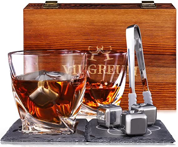 Viu Whiskey Glass Set, Whisky Rocks Cooling Stone 8pcs, Bourbon Glass, Men's Whiskey Gift Set, Men's Gift Set-Ideas for Birthday, Anniversary, Father's Day