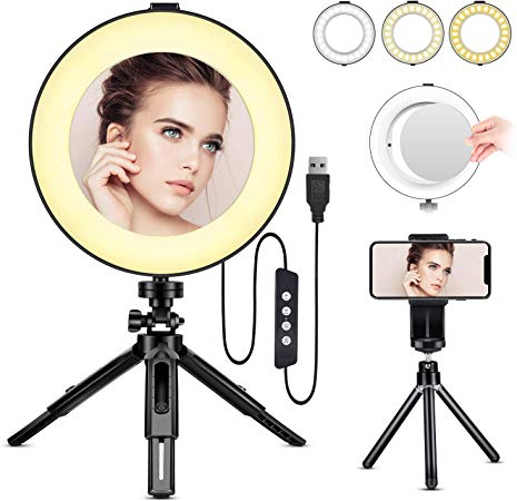 LED Ring Light - Bestope 8 inch Ringlight Make Up Light with Mirror & Tripod Stand Selfie Stick & Phone Holder for YouTube Video and Makeup, Dimmable 3 Light Modes and 10 Brightness Level (USB Plug)