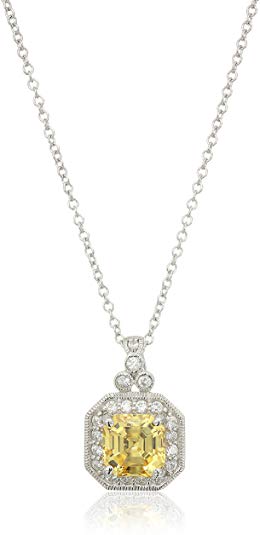 Platinum-Plated Sterling Silver White or Canary Yellow Swarovski Zirconia Asscher Cut Antique Pendant Necklace, 16"   2"