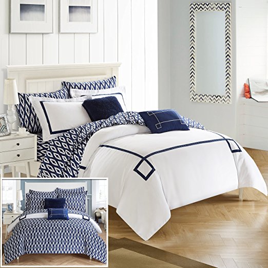 Chic Home CS2945-AN 9 Piece Trace Contemporary Greek Key Embroidered Reversible Bed In A Bag Comforter Set With Sheet Set, Queen, Navy