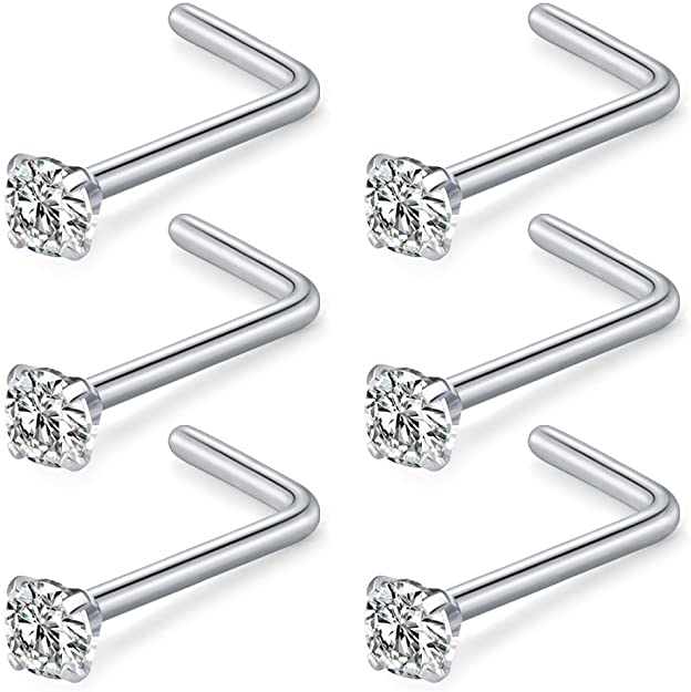 Briana Williams Nose Rings Studs-20G 1.5mm 2mm Round Diamond CZ Surgical Steel Nose Stud Rings L Shaped Piercing Jewelry 6pcs