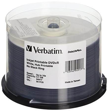 Verbatim 4.7GB up to16x DataLifePlus White Inkjet PrintableHub Printable Recordable Disc DVD R (50-Disc Spindle) 94917