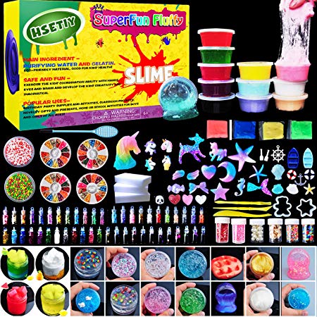 HSETIY Unicorn DIY Slime kit Supplies-6 Cloud Slime,6 Clear Slime,3 Jelly Cube,5 Unicorn,55 Glitter,4 Magic Clay with DIY Slime Tool and Slime Box