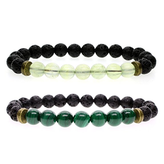 AmorWing 8mm Natural Stone Lava Beads for Essential Oil With Malachite/Prehnite Bracelet (2 Pack)