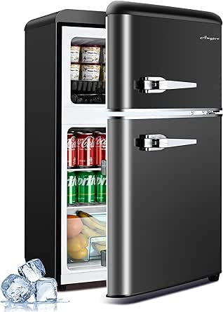 3.2 Cu.Ft Compact Refrigerator Mini Fridge with Freezer, Retro Double Door Small Fridge, 7 Level Thermostat Removable Shelves, Small Refrigerator for Dorm, Office, Bedroom, Black