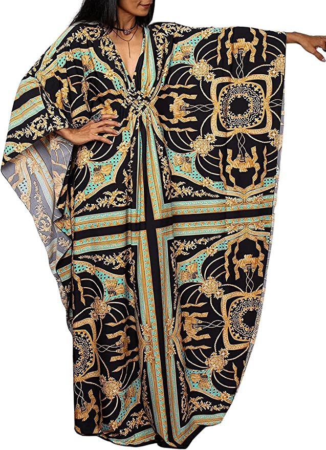 Bsubseach Women Ethnic Print Kaftan Beach Dress Plus Size Swimsuit Cover Up