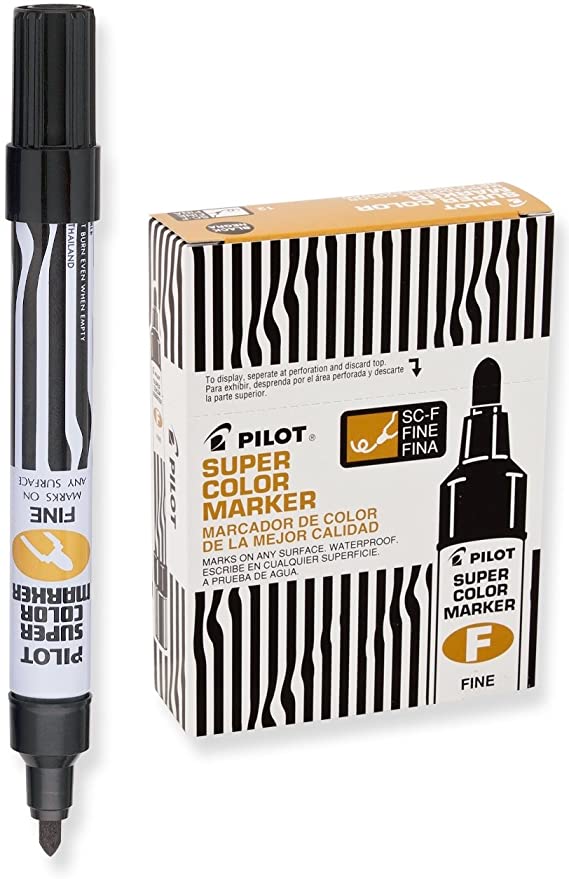 PILOT Super Color Refillable Permanent Markers, Black Ink, Fine Bullet Point, 12-Pack (44600)