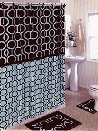 Brown & Blue 15-piece Bathroom Set Bath Rugs Shower Curtain & Rings