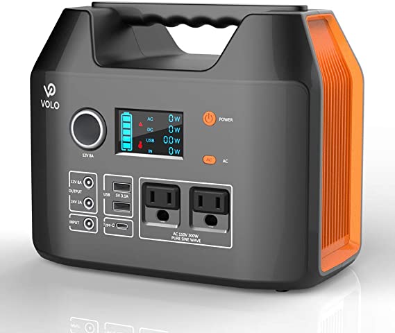 VOLO 300W Portable Power Station, 296Wh(80000mAh) Camping Lithium Battery Pack with 2AC 110V/ 1DC 12V/ 1DC 24V/ 1car Cigarette Lighter/ 1QC3.0USB-C/2 USB/Flashlight for Outdoor Camp Home Emergency