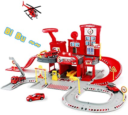 Toy Garage Play Set Race Track Elevator Cars Airplane Fireman Stem Learning Toy Vehicle Indoor Games Family Easter Assembly Parking Lot Fire Station with Siren Lights Sounds for Kids Boys Girls (RED)