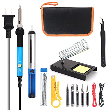 ANBES Soldering Iron Kit , 60W 110V Adjustable Temperature Welding Soldering Iron, 5pcs Soldering Tips, Desoldering Pump, Tin Wire Tube, Stand, Tweezers, Wire Stripper Cutter, 2pcs Electronic Wire