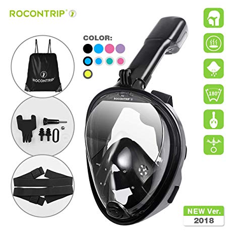 ROCONTRIP Snorkeling Mask,Full Face Snorkel Diving Mask 180°View Panoramic Design,Anti-Fogging Anti-Leak with Adjustable Head Straps with Longer Snorkeling Tube for Man Woman Adult Youth Kid