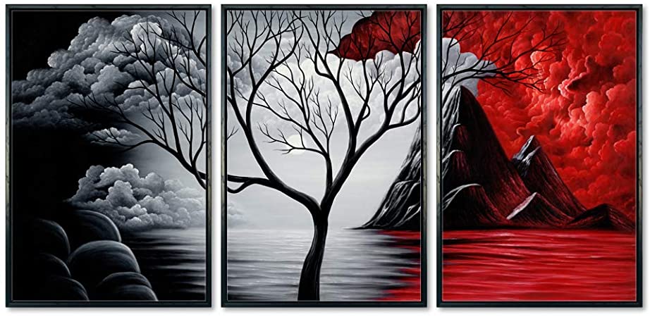 Wieco Art Large Size Framed Art Canvas Art Prints Wall Art The Cloud Tree Abstract Pictures Paintings for Bedroom Home Office Decorations Contemporary Artwork 3 Panels Black Frames WAB3006L-BF