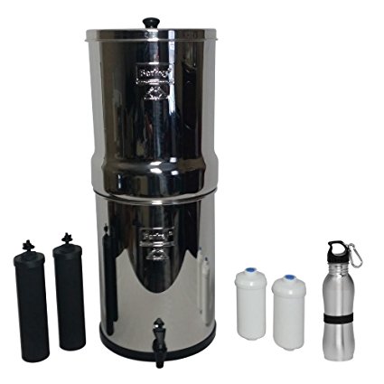 Crown Berkey Water Filter Six Gallon Premium Bundle: 2 Black BB9 Filters, 2 Fluoride PF2 Filters, 1 Stainless Steel Water Bottle